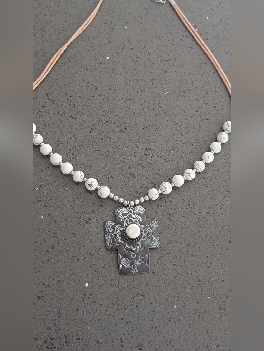 White Howlite Beaded Cross Necklace with Tan Cord - Picture 4 of 5